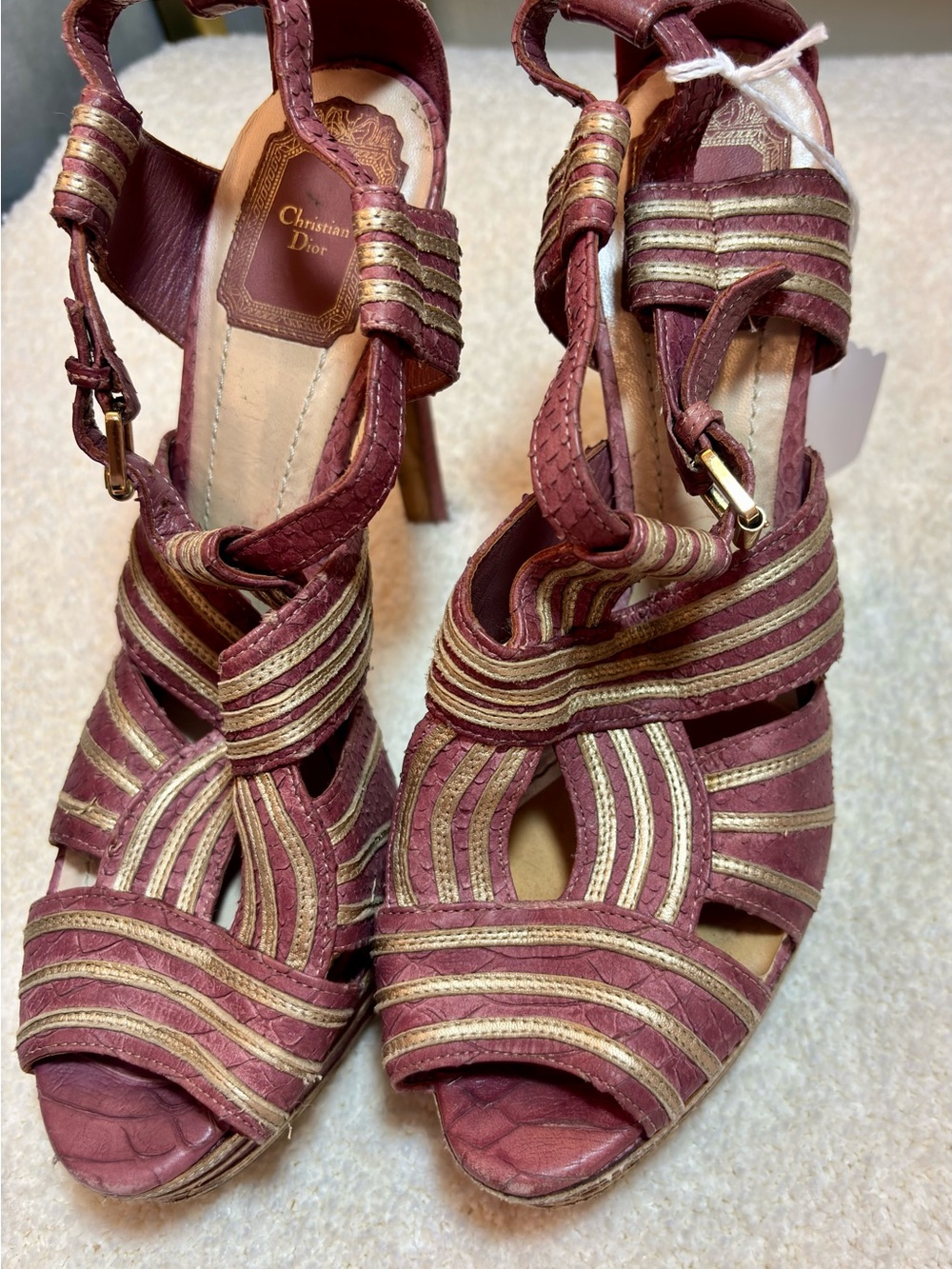 Dior Burgundy with Gold Trim Platform Strappy Heels - Picture 7 of 8